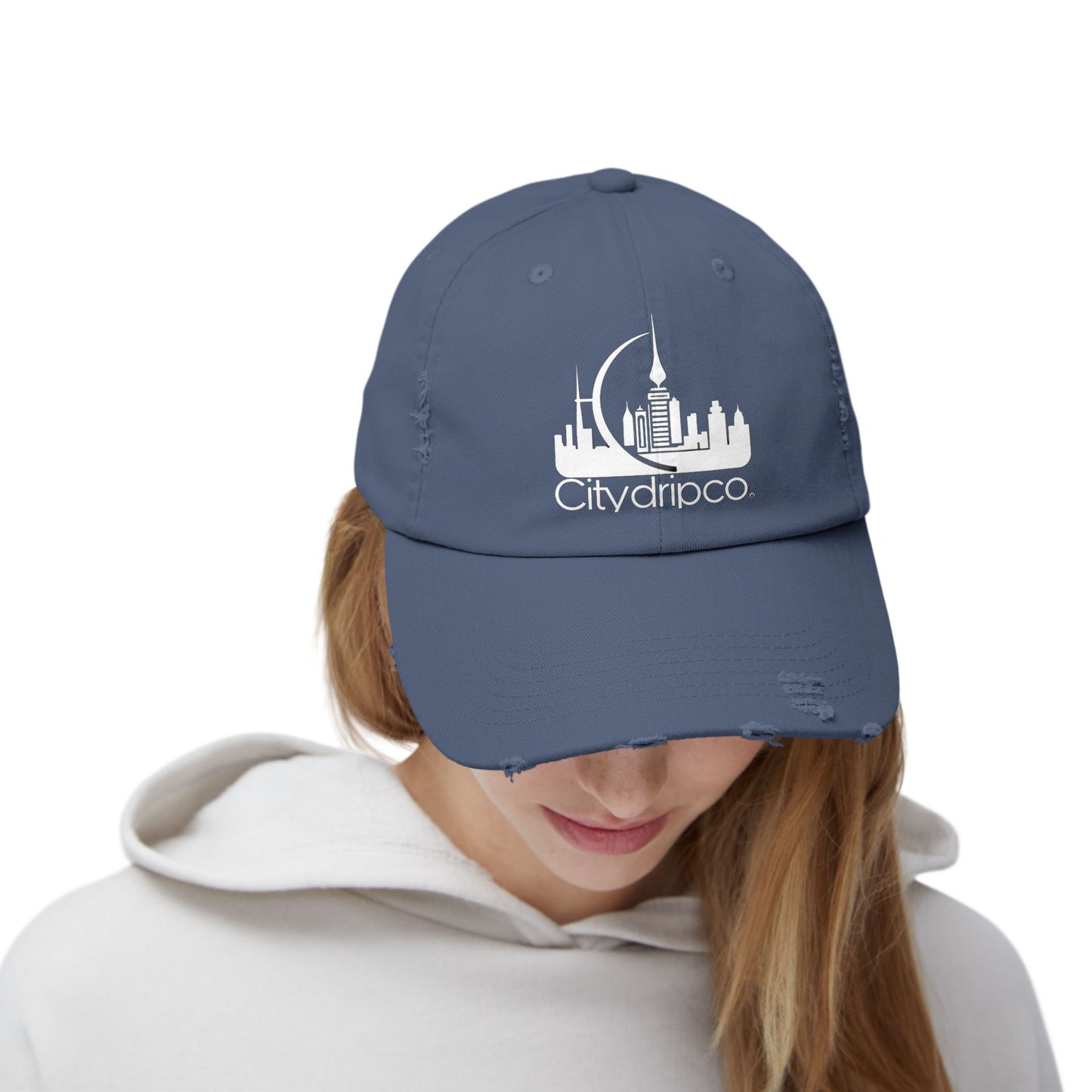 A Citydripco. Distressed Cap with City Skyline Design | Perfect for Casual Outfits, Summer Days, Festivals, and Gifts