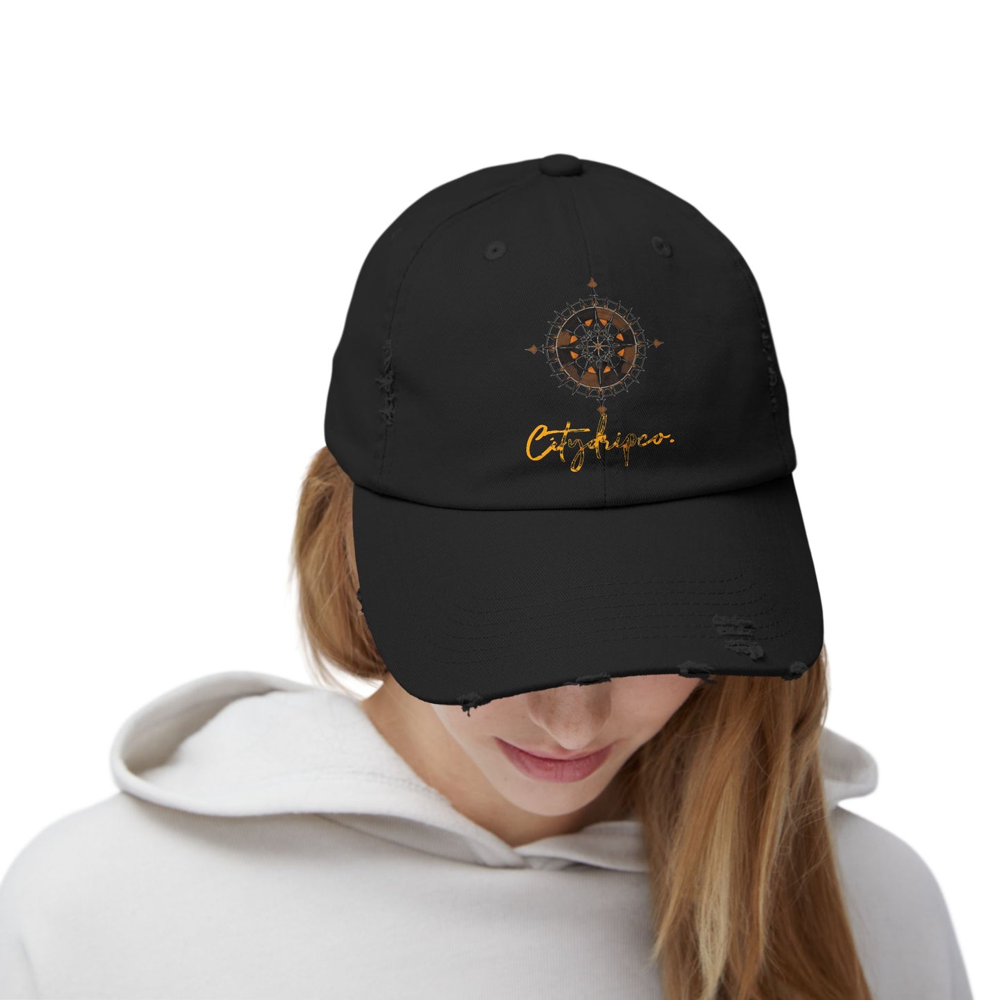 Citydripco. Distressed Compass Cap with Vintage Compass Design, Trendy Hat, Fashion Accessory, Gift for Adventurers, Casual Wear, Summer Essential