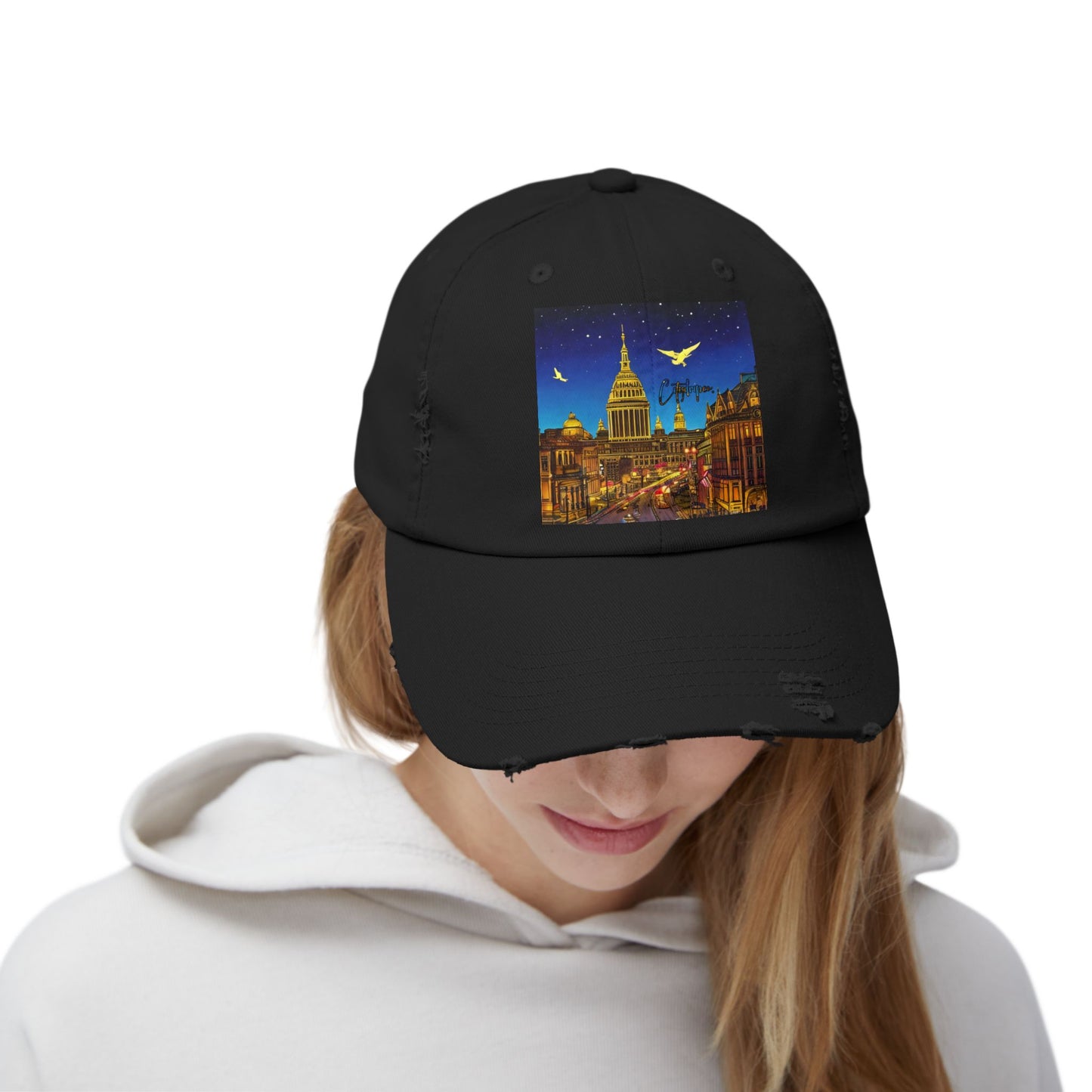 A Citydripco. Capital Angel Distressed Cap, Trendy Urban Hat Gift, Distressed Black Baseball Cap for Summer, Travel, Street Style, Unisex Fashion