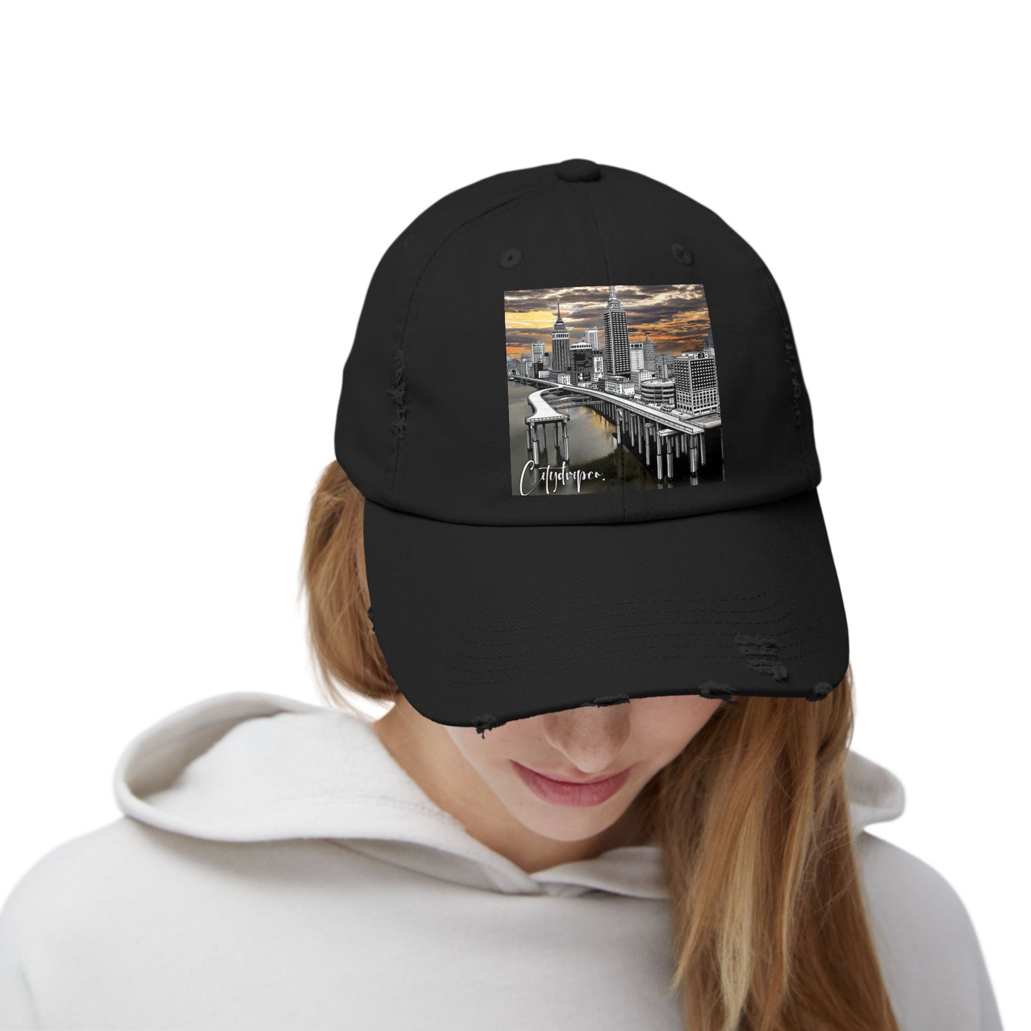 A Citydripco. Bridge Drip Distressed Cap with Urban Skyline Design, Casual Hat for Everyday Wear, Great for Summer Outings, Gift for Him or Her
