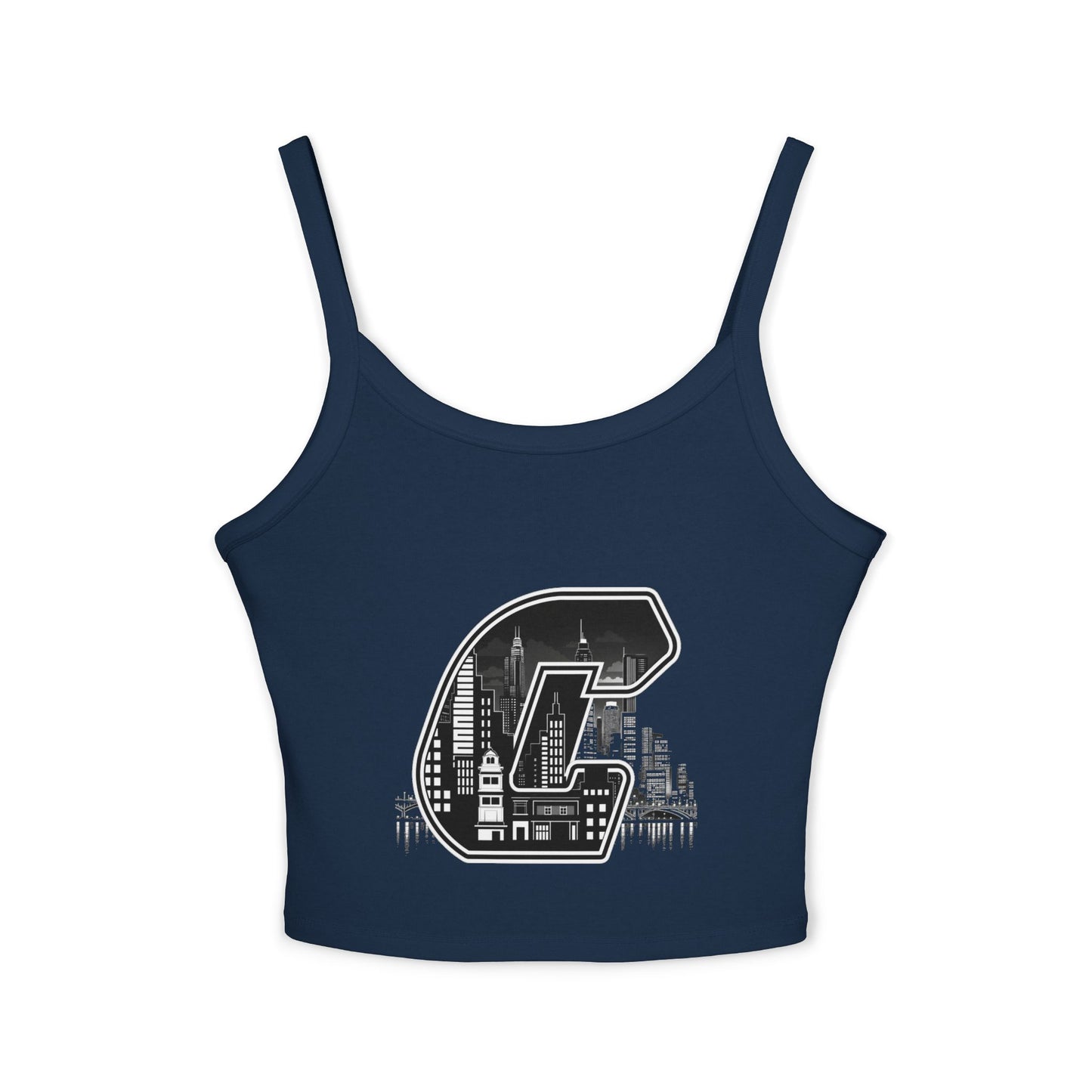 City C Cityscape Crop Top — Women's Spaghetti Strap Tank with Urban Skyline Graphic