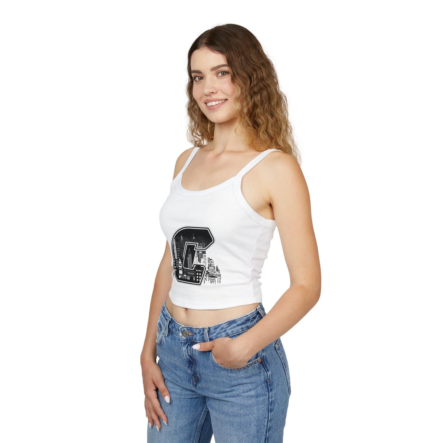 City C Cityscape Crop Top — Women's Spaghetti Strap Tank with Urban Skyline Graphic