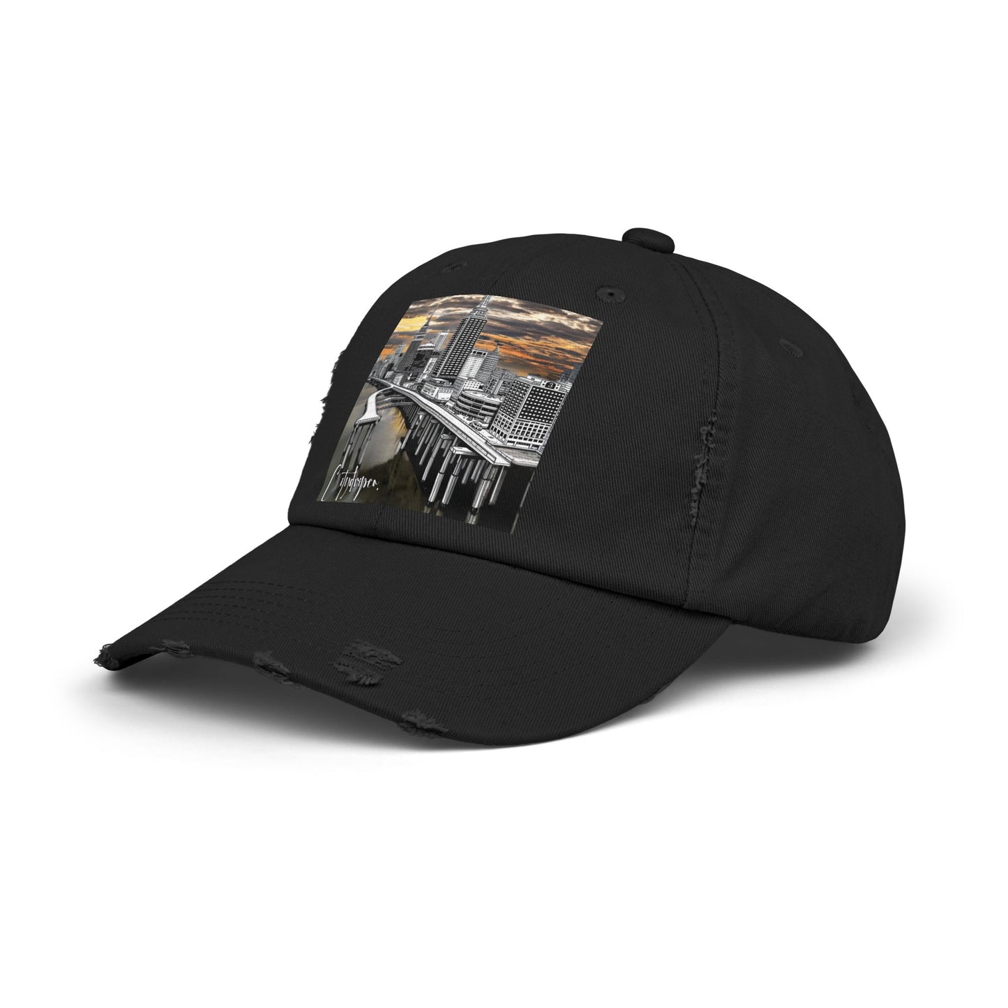 A Citydripco. Bridge Drip Distressed Cap with Urban Skyline Design, Casual Hat for Everyday Wear, Great for Summer Outings, Gift for Him or Her