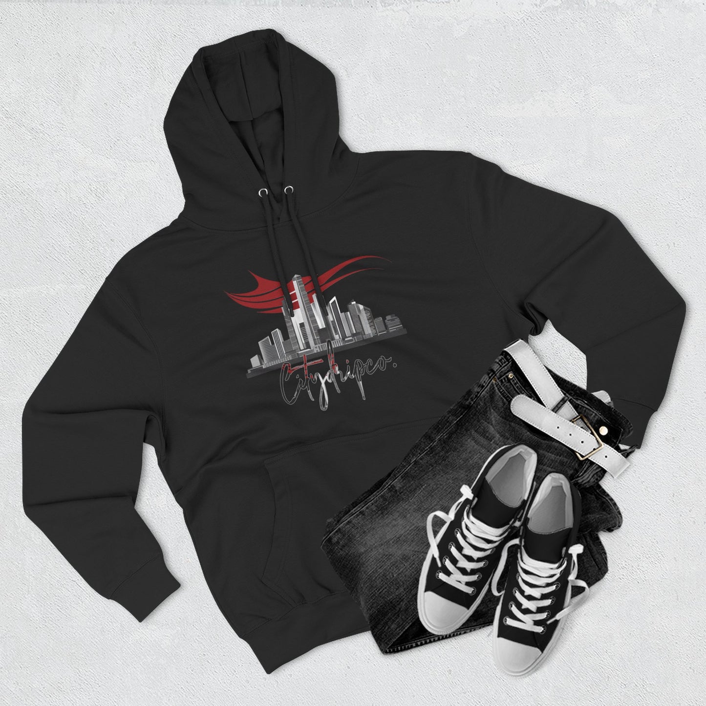 Citydripco. American Fleece Hoodie, Cozy Streetwear, Stylish Gift for Him/Her, Cityscape Design, Perfect for Casual Looks, Everyday Wear