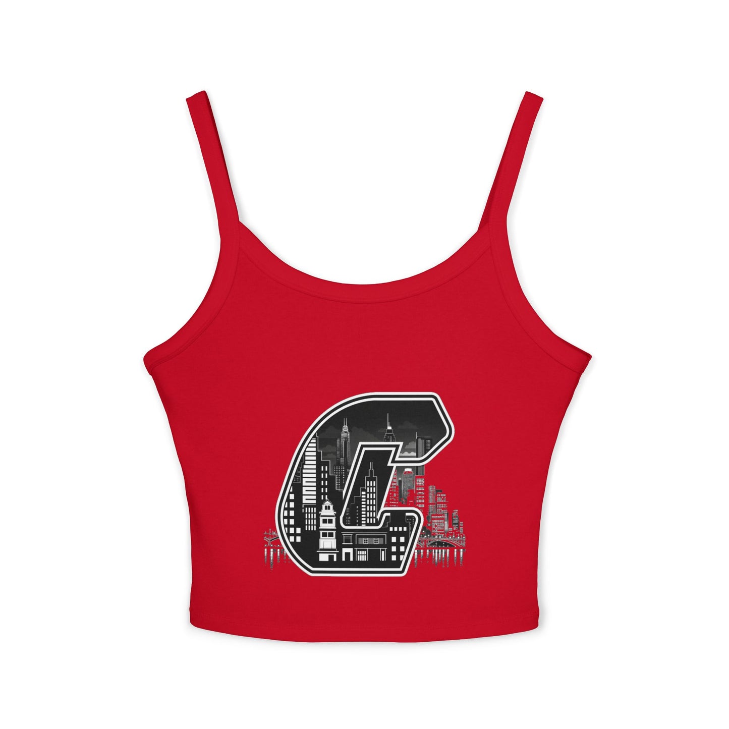 City C Cityscape Crop Top — Women's Spaghetti Strap Tank with Urban Skyline Graphic