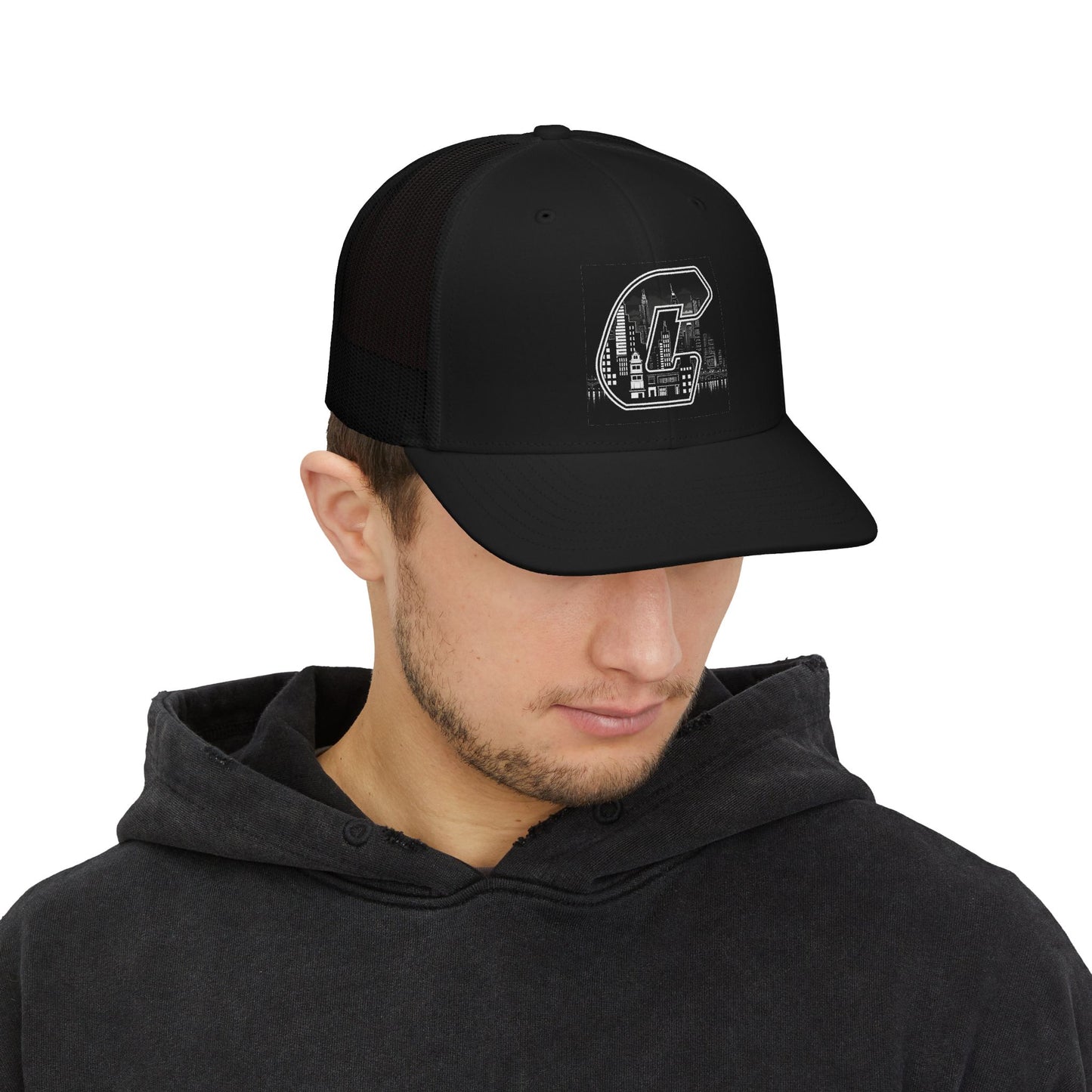 City Skyline C Black Trucker Cap with Distressed 'C' Patch – Vintage Collegiate Snapback Hat
