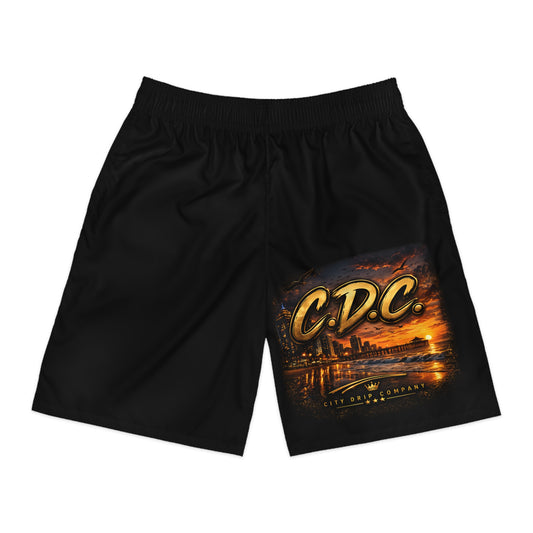 A C.D.C. Skyline Men’s Jogger Shorts — "C.D.C." Urban Sunset Graphic