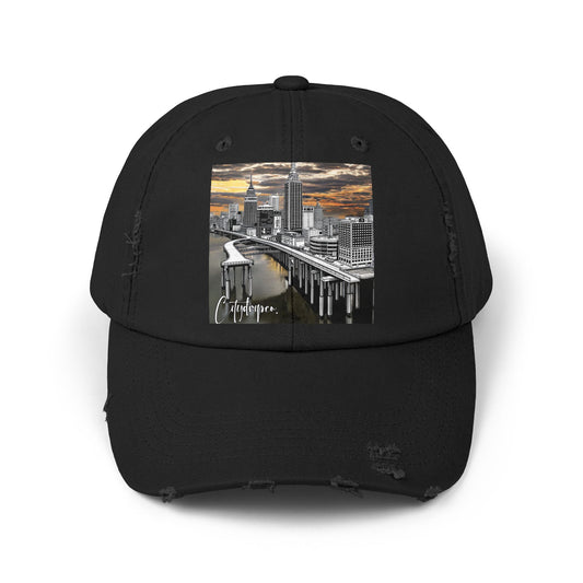 A Citydripco. Bridge Drip Distressed Cap with Urban Skyline Design, Casual Hat for Everyday Wear, Great for Summer Outings, Gift for Him or Her