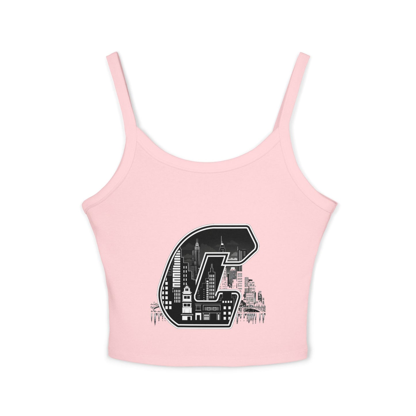 City C Cityscape Crop Top — Women's Spaghetti Strap Tank with Urban Skyline Graphic