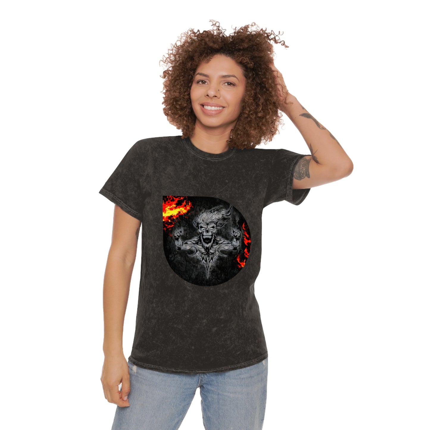 Mens Citydripco. Burn In Hell Unisex Mineral Wash T-Shirt with Fiery Demon Design - Distressed Graphic Tee for Edgy Streetwear Fans