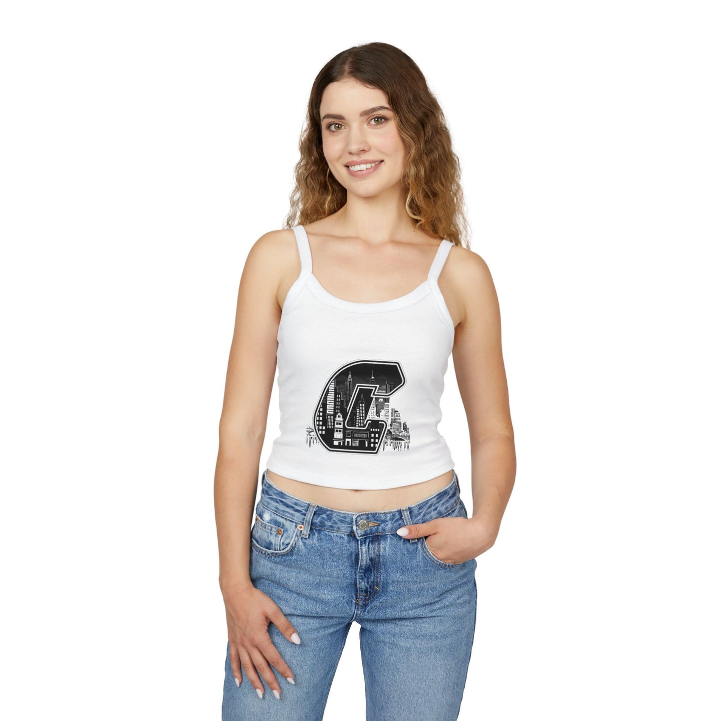 City C Cityscape Crop Top — Women's Spaghetti Strap Tank with Urban Skyline Graphic