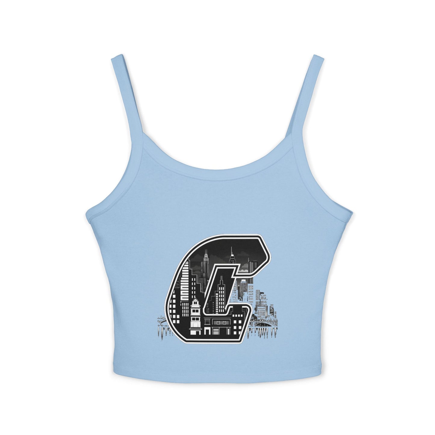 City C Cityscape Crop Top — Women's Spaghetti Strap Tank with Urban Skyline Graphic