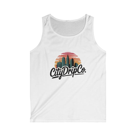 CityDripCo. Sunset City Men's Softstyle Tank Top - Urban Skyline Graphic Tee