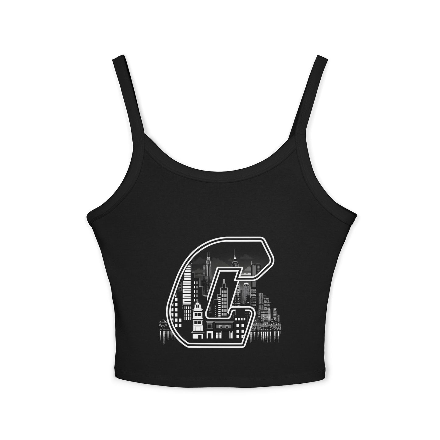 City C Cityscape Crop Top — Women's Spaghetti Strap Tank with Urban Skyline Graphic