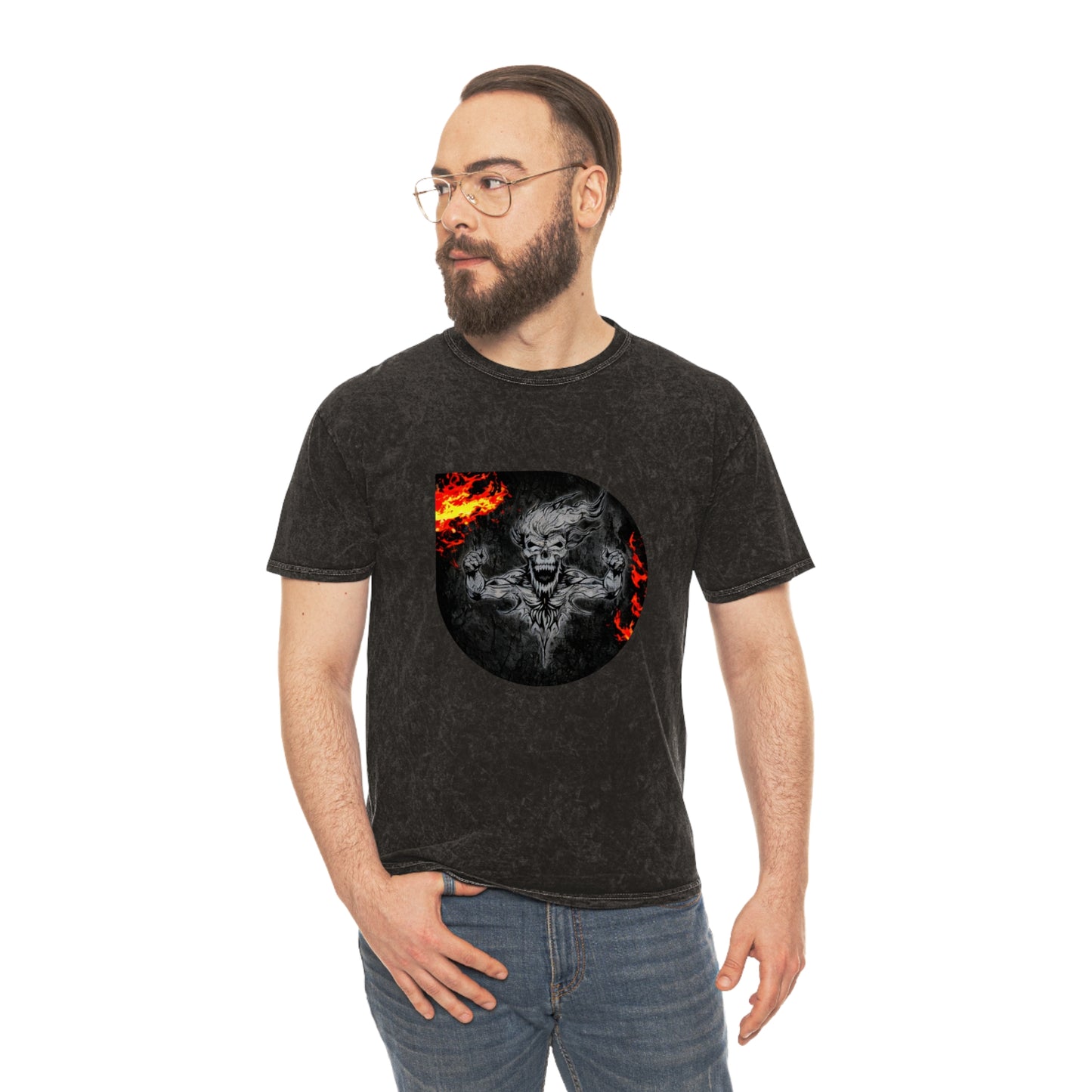Mens Citydripco. Burn In Hell Unisex Mineral Wash T-Shirt with Fiery Demon Design - Distressed Graphic Tee for Edgy Streetwear Fans