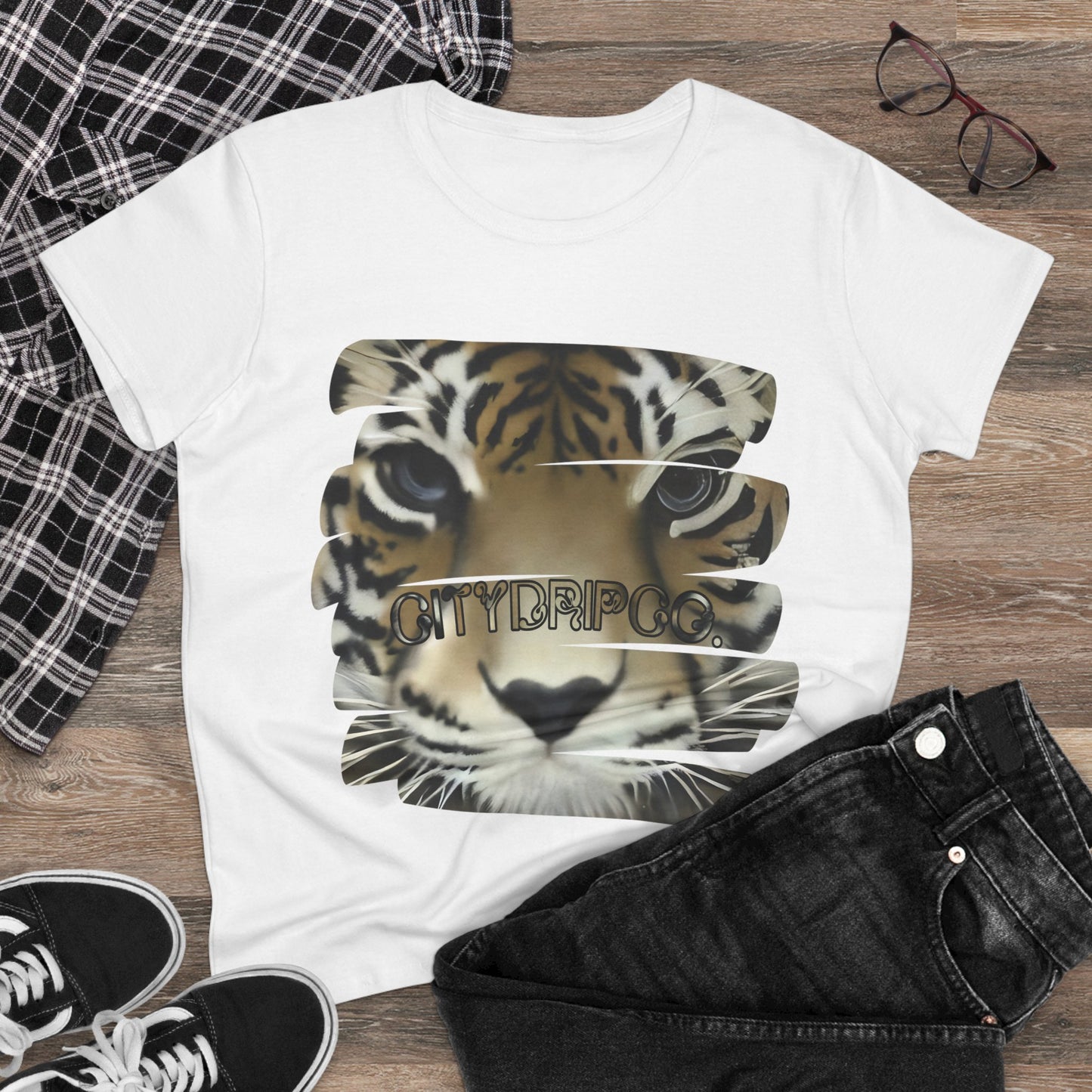 City Tiger Women's Midweight Cotton Tee - Cool Tiger Design for Everyday Wear