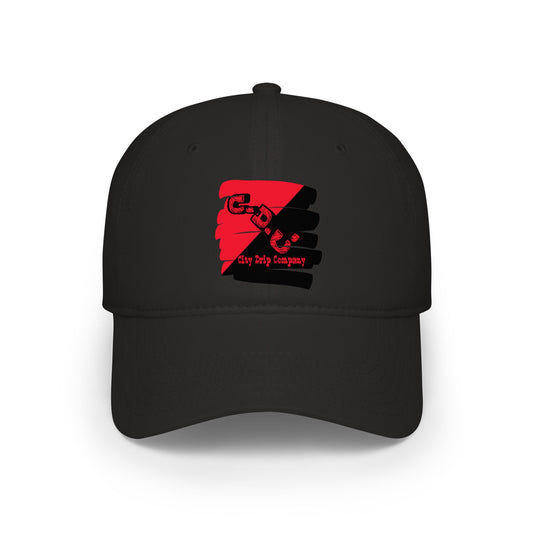 Low Profile Baseball Cap with Red & Black Gear Logo — Retro Industrial Dad Hat