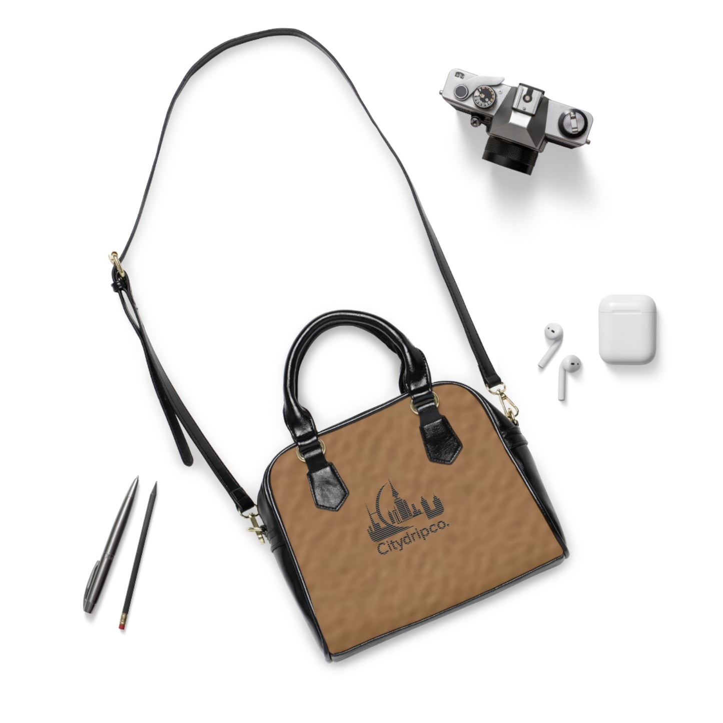 A Citydripco. Blue and Tan Chic Shoulder Handbag with Cityscape Design | Stylish Everyday Tote, Perfect for Work or Casual Outings, Great Gift Idea