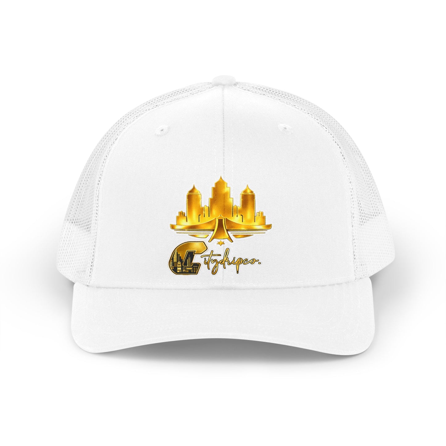 Citydripco. Gold City Retro Trucker Hat — Golden City Skyline Embroidered Cap