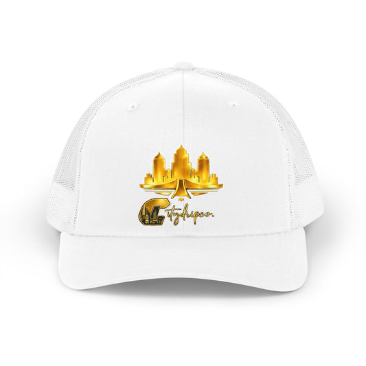 Citydripco. Gold City Retro Trucker Hat — Golden City Skyline Embroidered Cap