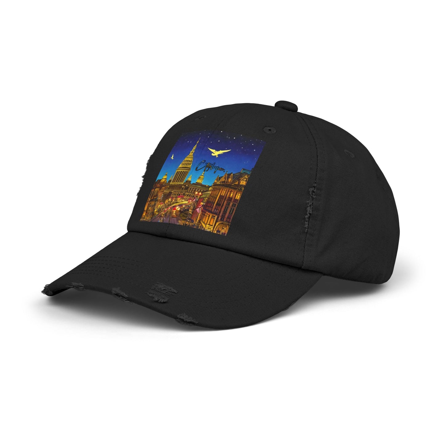 A Citydripco. Capital Angel Distressed Cap, Trendy Urban Hat Gift, Distressed Black Baseball Cap for Summer, Travel, Street Style, Unisex Fashion