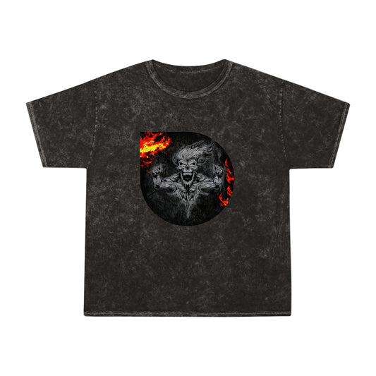 Mens Citydripco. Burn In Hell Unisex Mineral Wash T-Shirt with Fiery Demon Design - Distressed Graphic Tee for Edgy Streetwear Fans