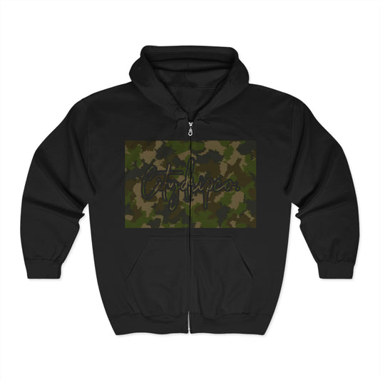 Citydripco. Camouflauge Graphic Zip Hoodie, Trendy Casual Wear, Unisex Fashion, Comfortable Layering, Outdoor Adventures, Gift for Nature Lovers