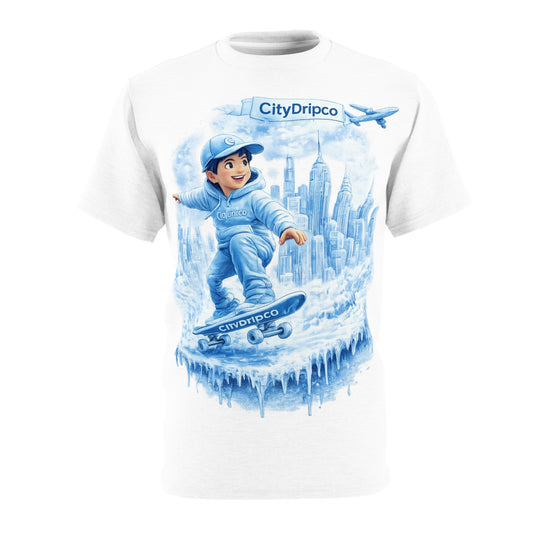 CityDripco Blue Skateboarding Kid Tee — All-Over Print Graphic T-Shirt