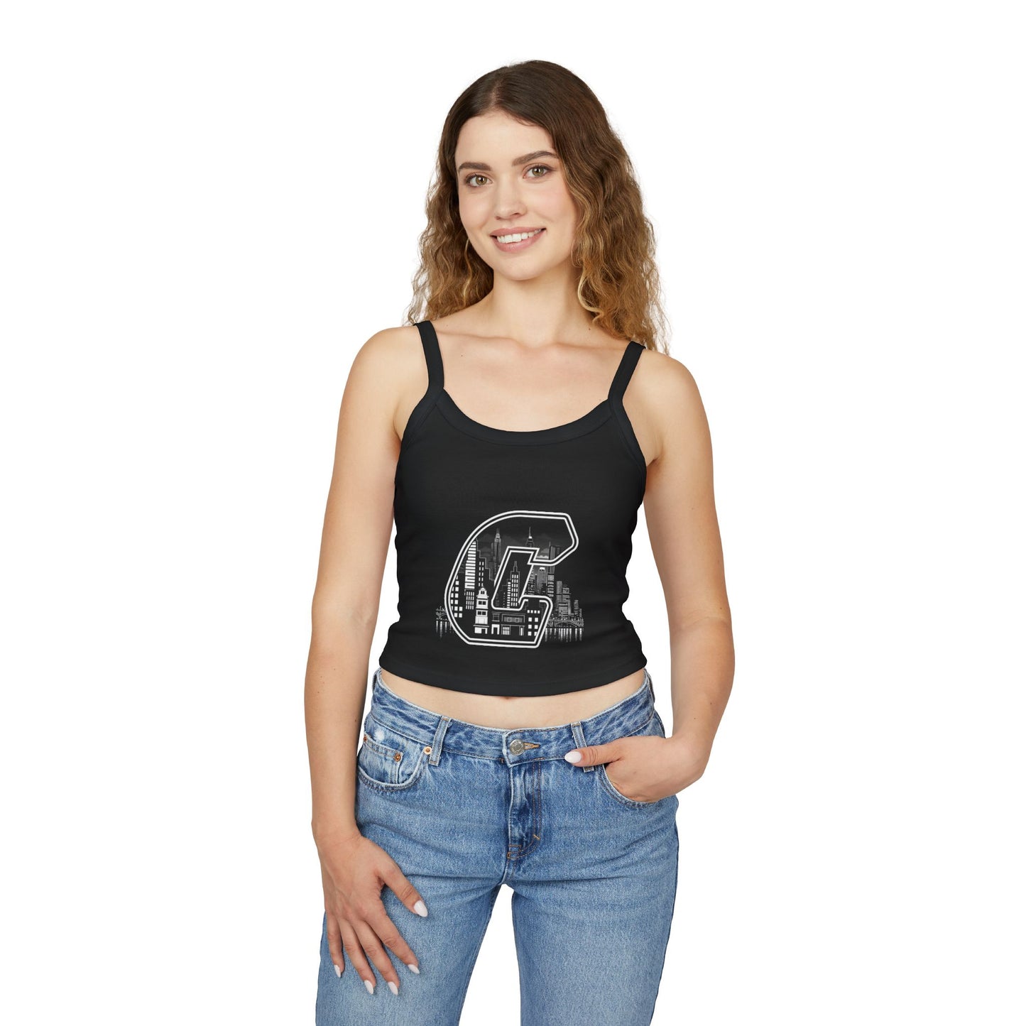City C Cityscape Crop Top — Women's Spaghetti Strap Tank with Urban Skyline Graphic