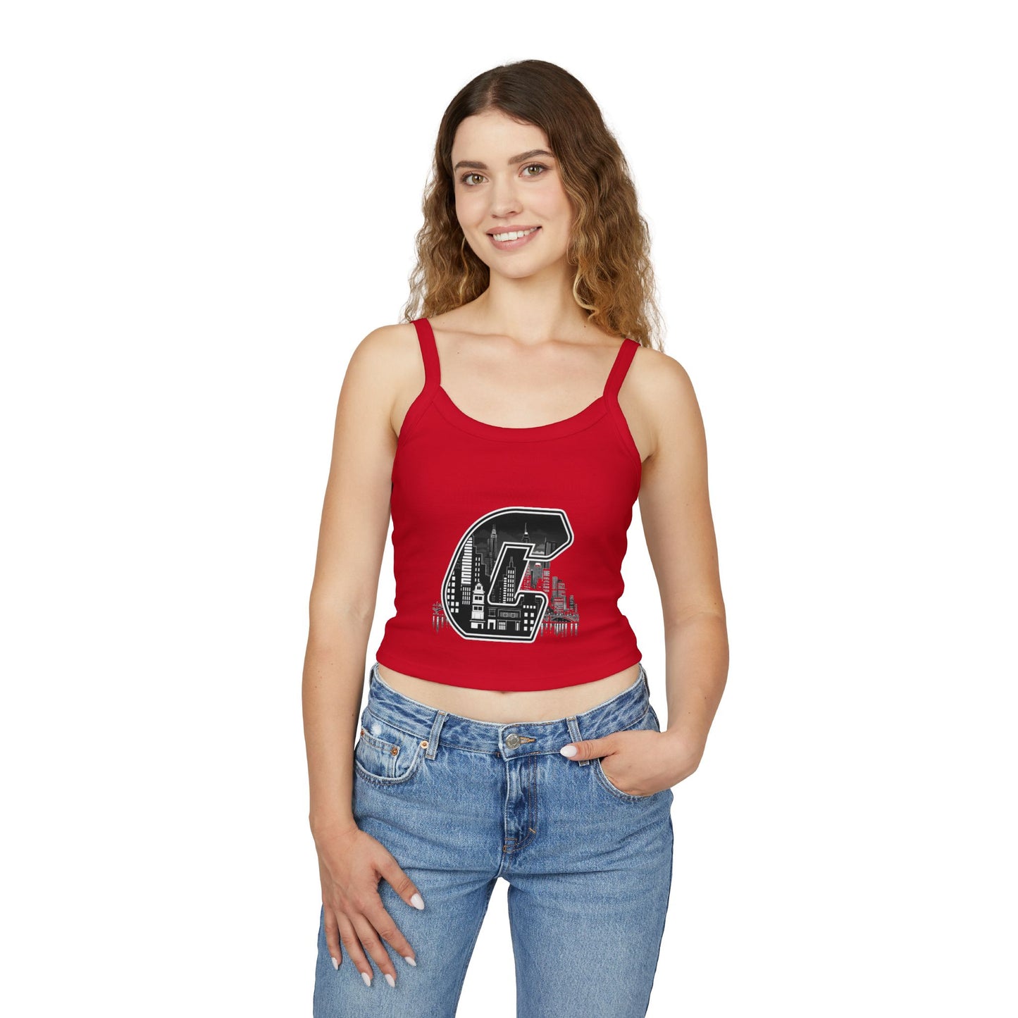 City C Cityscape Crop Top — Women's Spaghetti Strap Tank with Urban Skyline Graphic