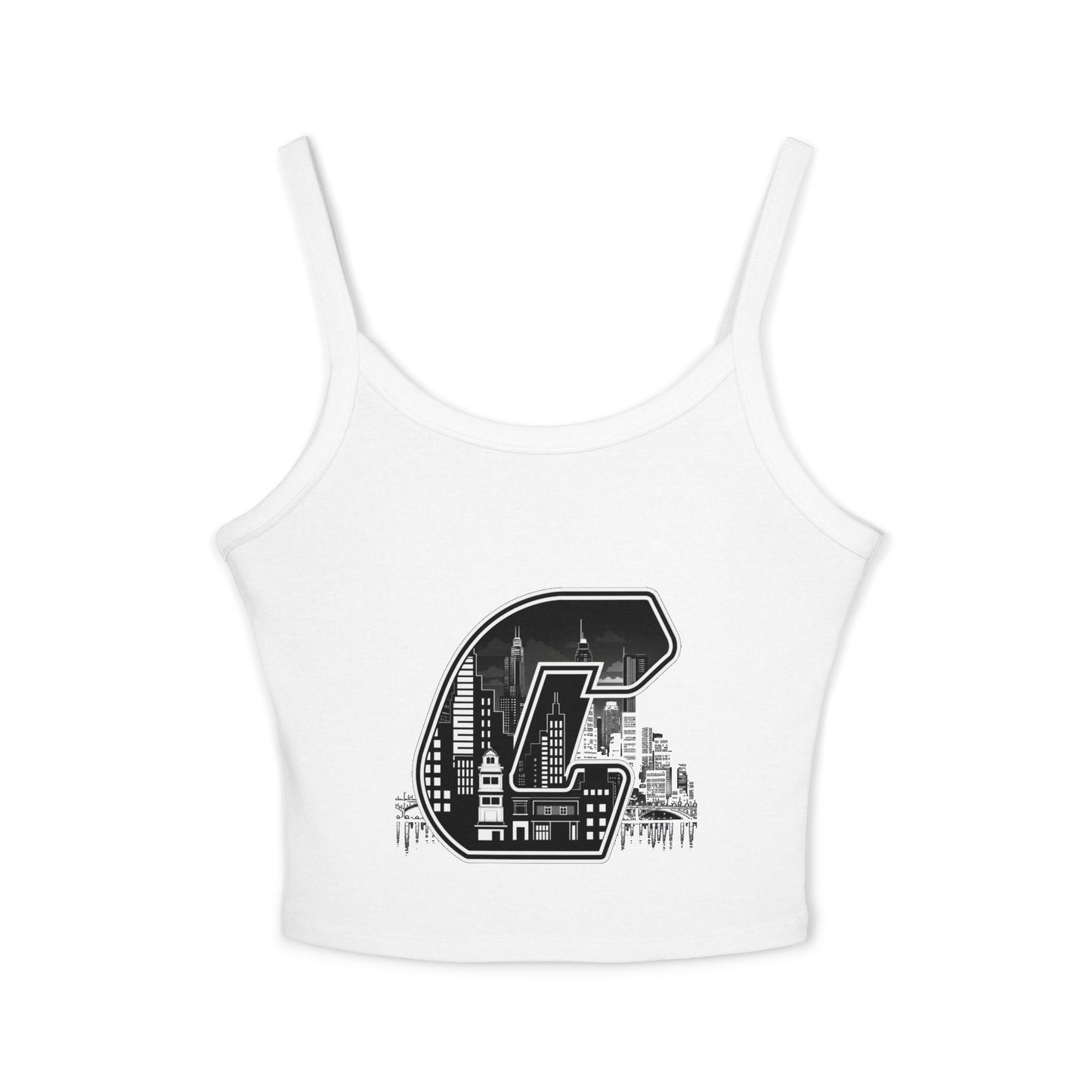 City C Cityscape Crop Top — Women's Spaghetti Strap Tank with Urban Skyline Graphic