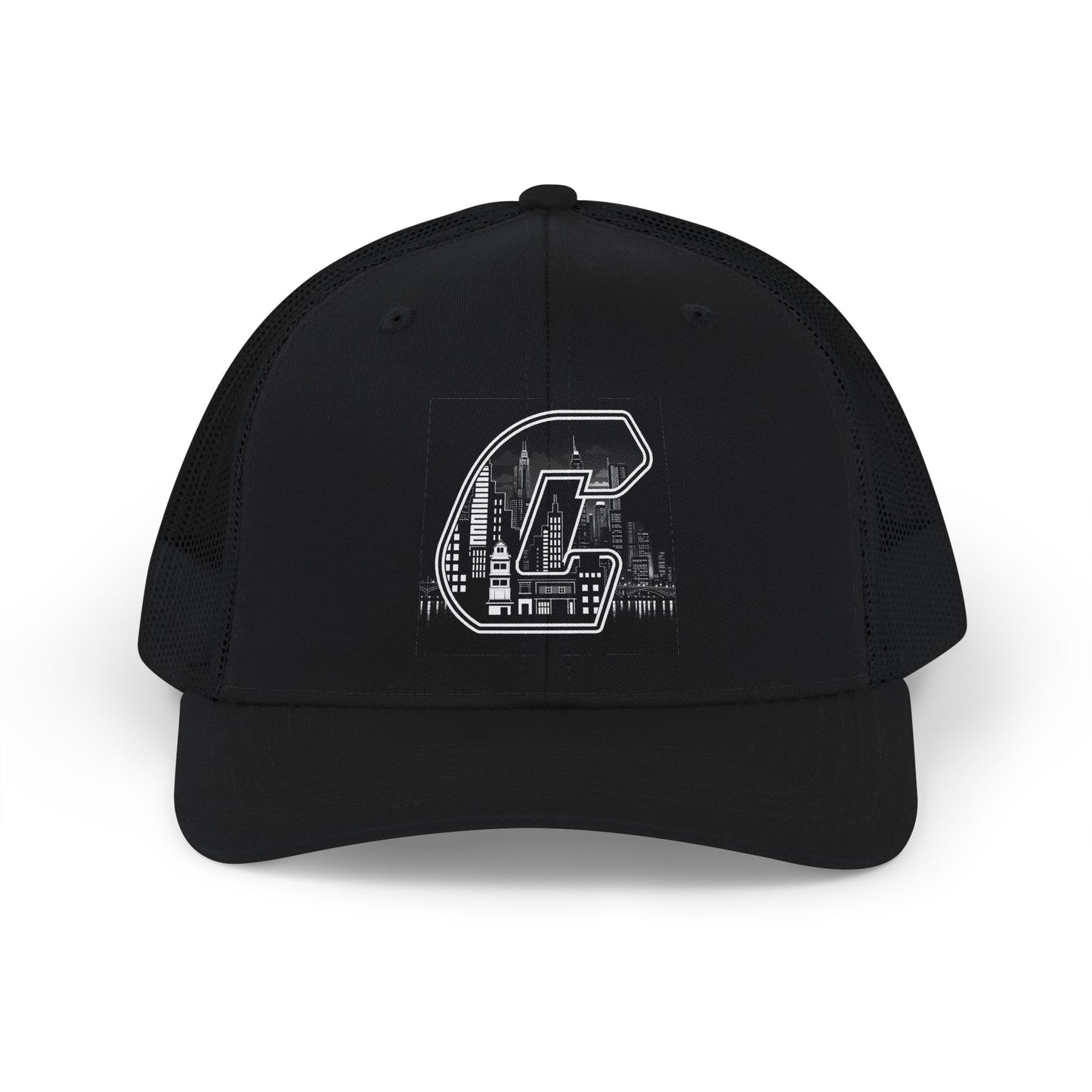 City Skyline C Black Trucker Cap with Distressed 'C' Patch – Vintage Collegiate Snapback Hat