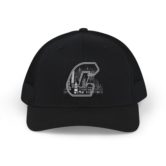 City Skyline C Black Trucker Cap with Distressed 'C' Patch – Vintage Collegiate Snapback Hat