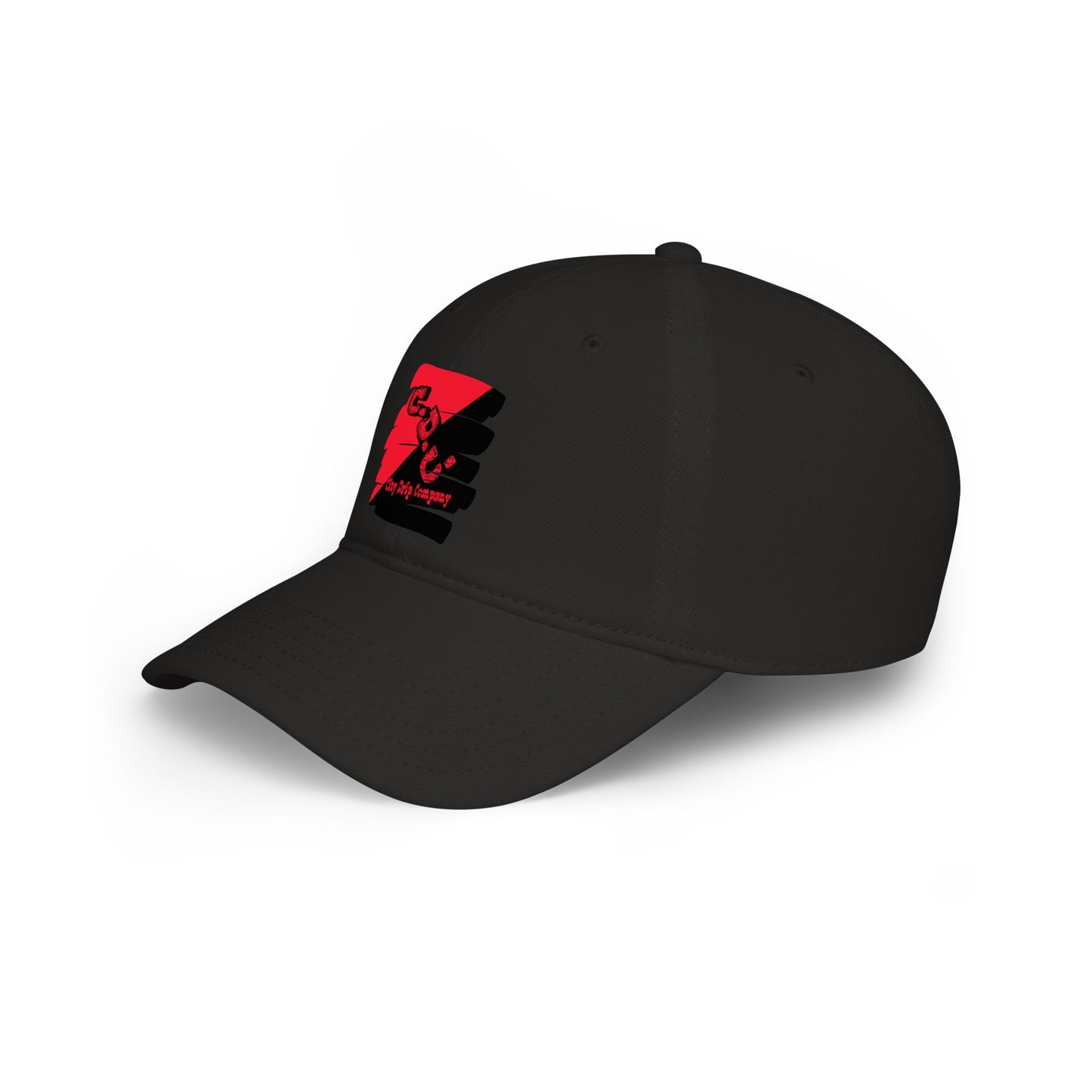 Low Profile Baseball Cap with Red & Black Gear Logo — Retro Industrial Dad Hat