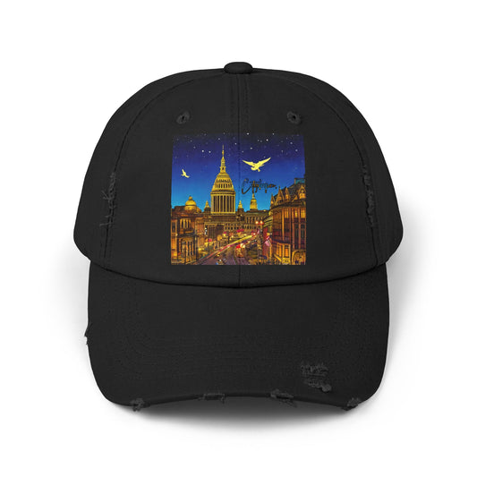 A Citydripco. Capital Angel Distressed Cap, Trendy Urban Hat Gift, Distressed Black Baseball Cap for Summer, Travel, Street Style, Unisex Fashion