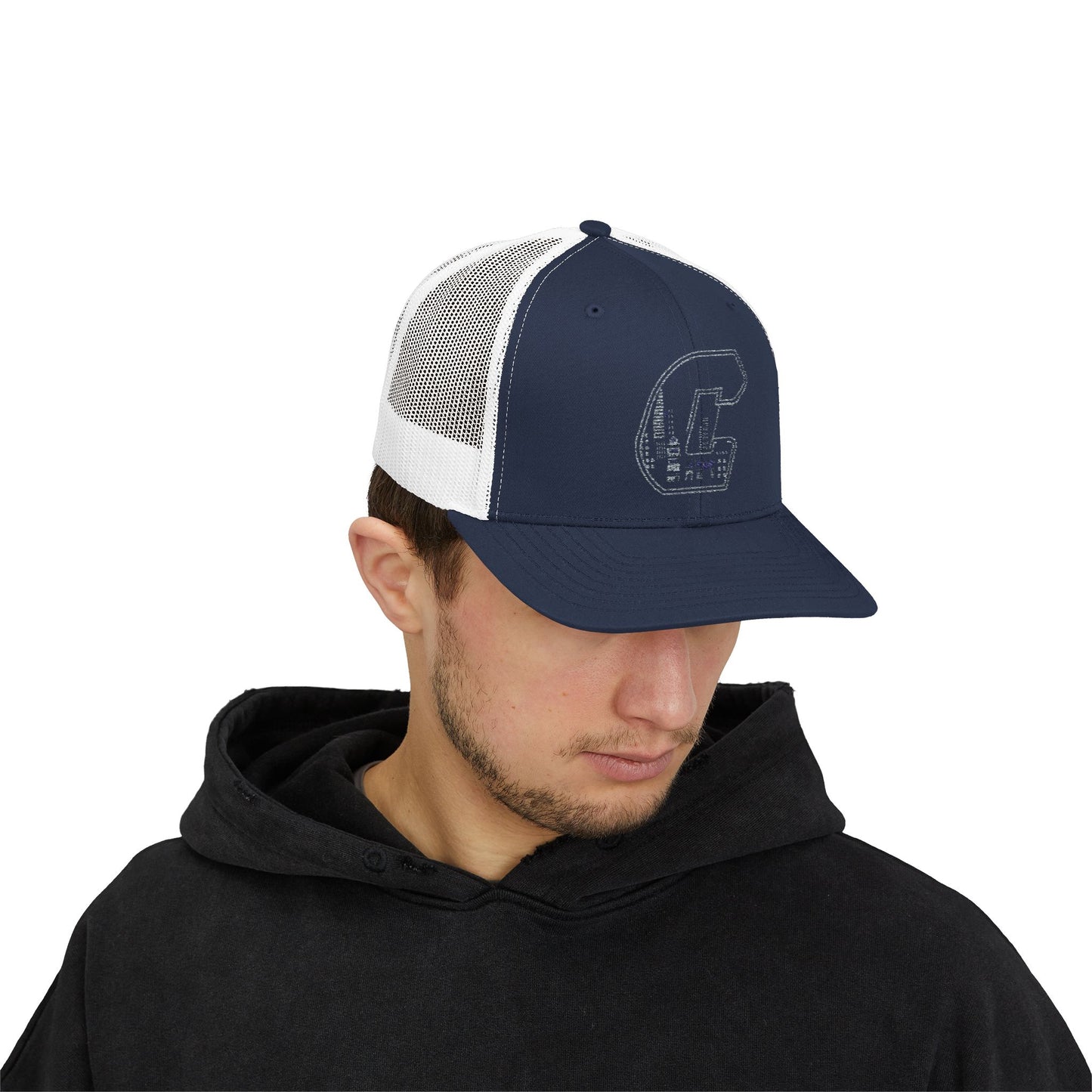A Citydripco.  City C Navy Blue Snapback Trucker Cap with Embroidered Letter G | Casual Style, Summer Accessory, Gift for Him/Her, Outdoor Events, Sporty Fashion