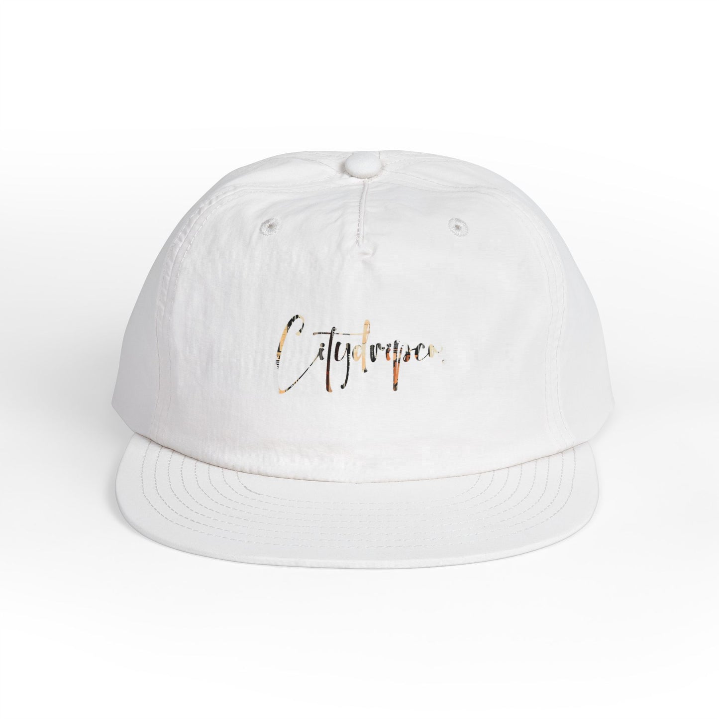 Citydripco. White Urban Cityscape Stylish Surf Cap for Beach Lovers, Summer Accessory, Casual Headwear, Trendy Sun Protection, Perfect Gift for Surfers
