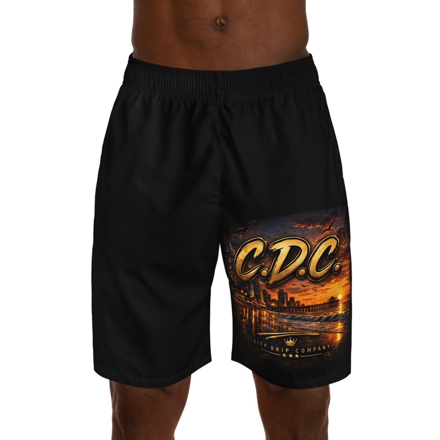 A C.D.C. Skyline Men’s Jogger Shorts — "C.D.C." Urban Sunset Graphic