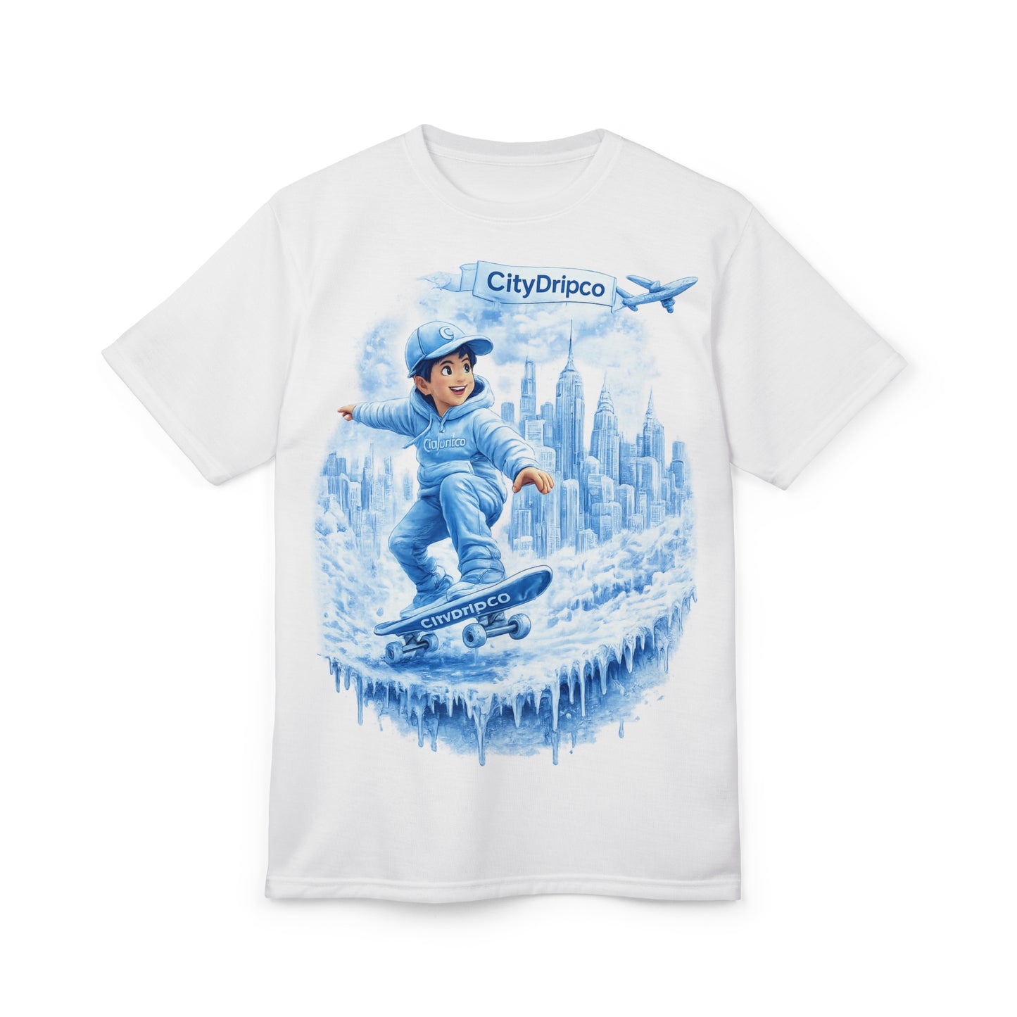 CityDripco Blue Skateboarding Kid Tee — All-Over Print Graphic T-Shirt
