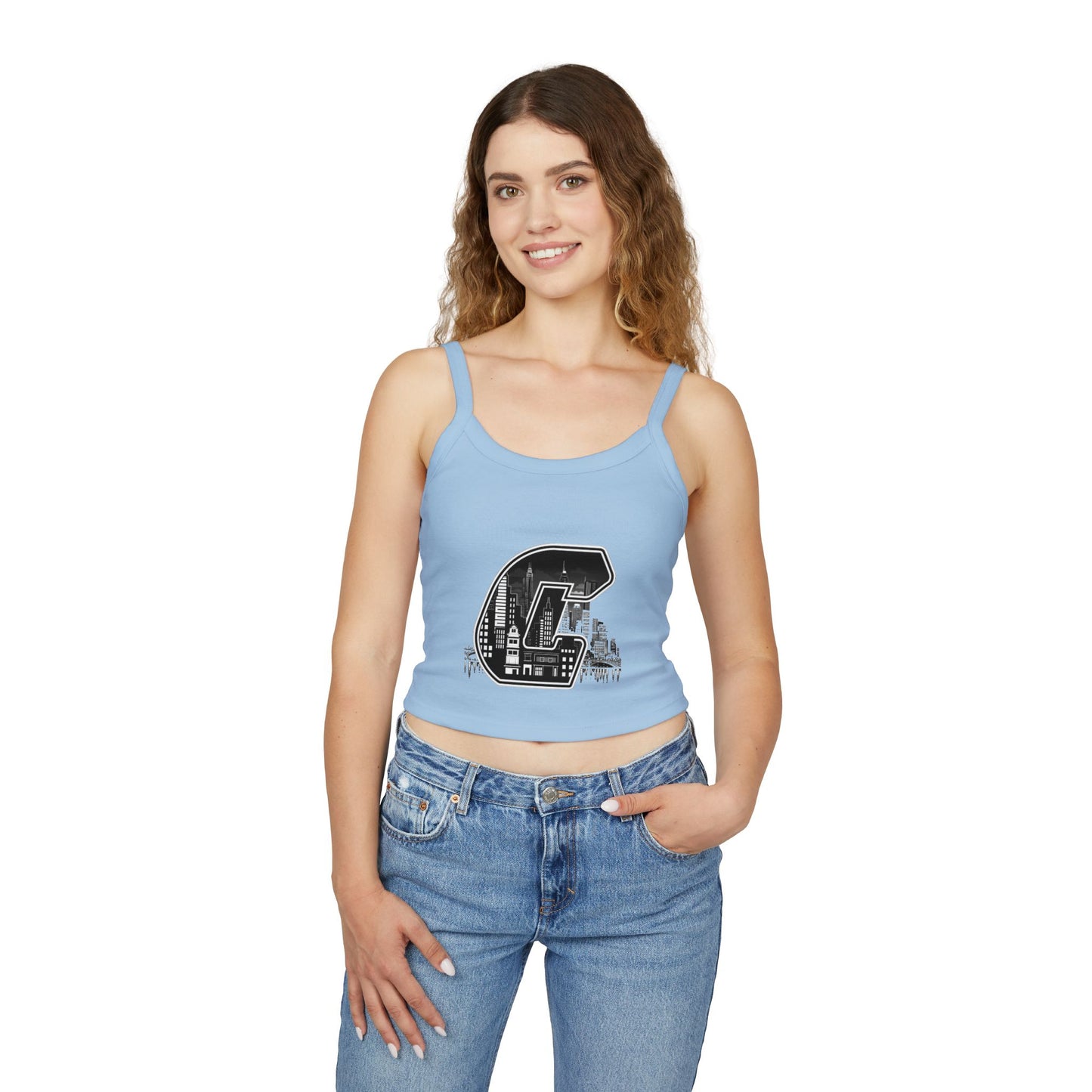 City C Cityscape Crop Top — Women's Spaghetti Strap Tank with Urban Skyline Graphic