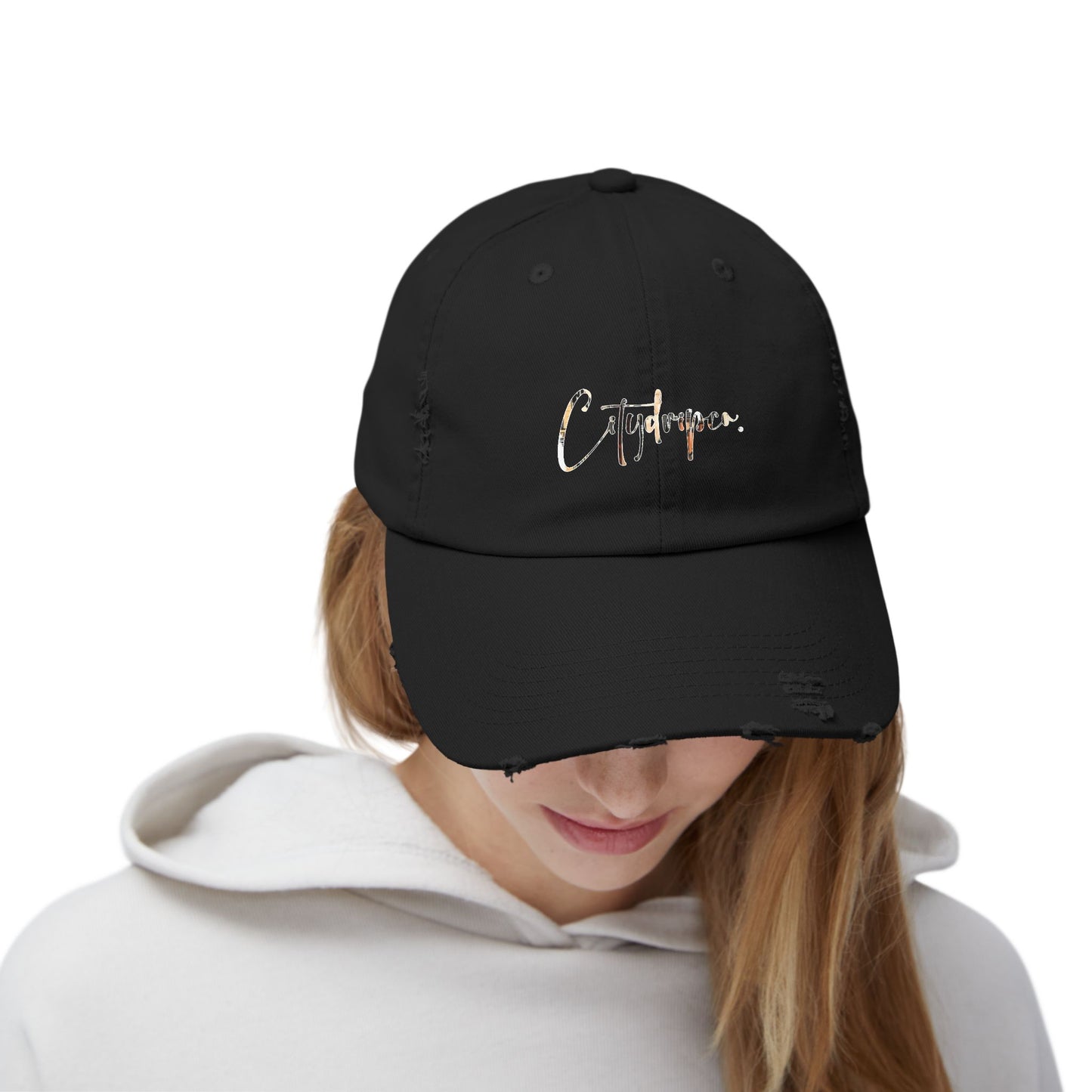 Citydripco. Uptown Urban Cityscape cursive Script Distressed Cap - Stylish Unisex Hat, Casual Fashion, Gift for Him or Her, Everyday Wear, Outdoor Adventures