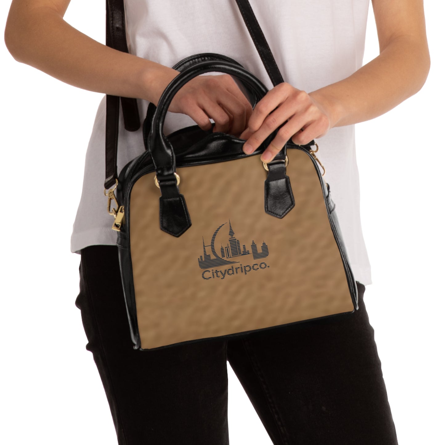 A Citydripco. Blue and Tan Chic Shoulder Handbag with Cityscape Design | Stylish Everyday Tote, Perfect for Work or Casual Outings, Great Gift Idea