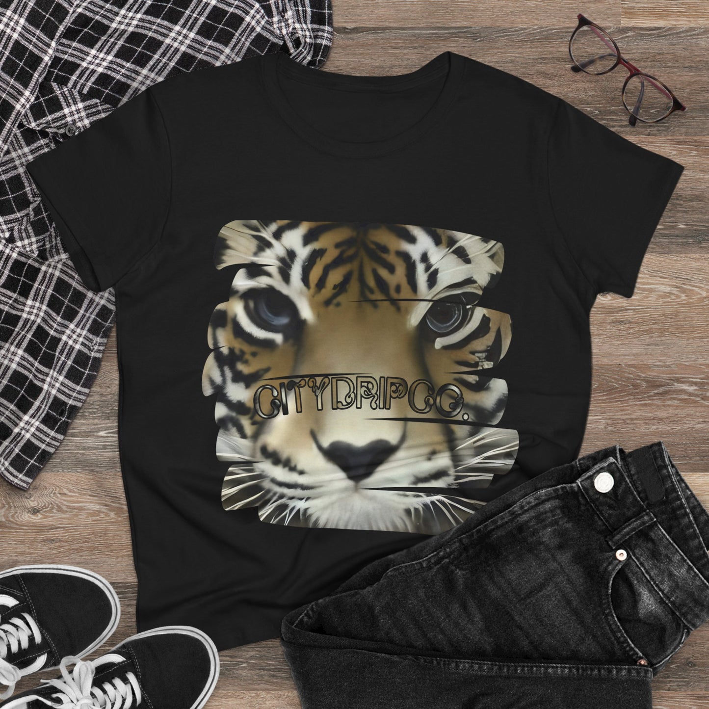 City Tiger Women's Midweight Cotton Tee - Cool Tiger Design for Everyday Wear