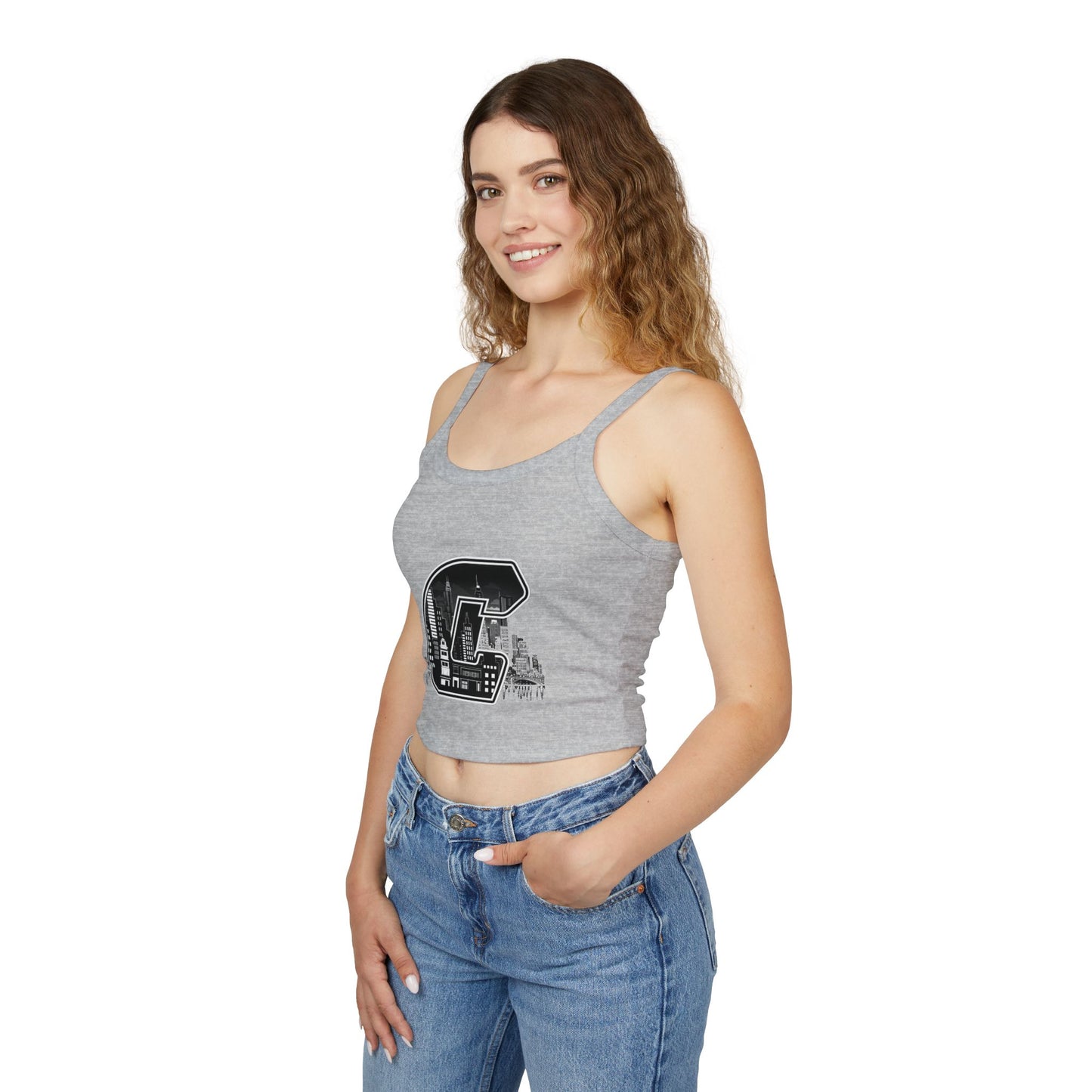 City C Cityscape Crop Top — Women's Spaghetti Strap Tank with Urban Skyline Graphic