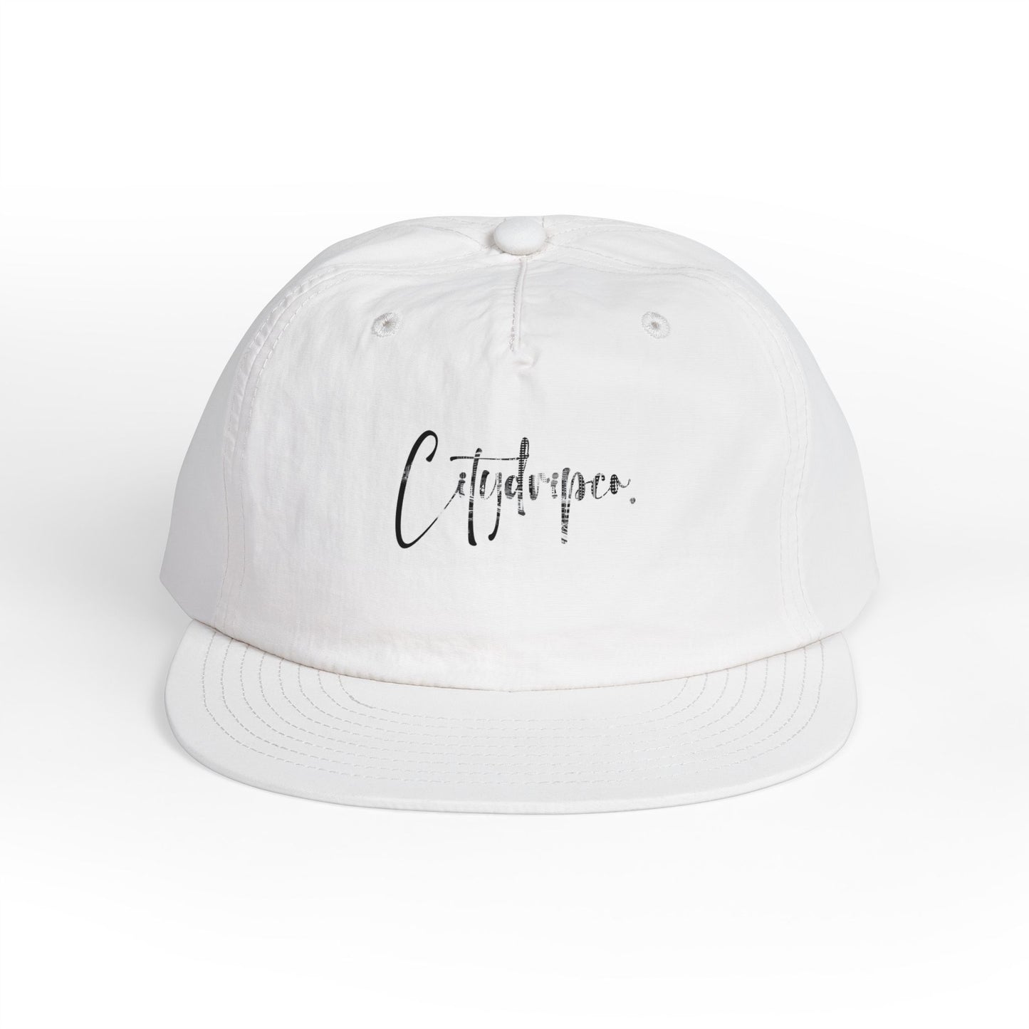 A Citydripco. Urban Cityscape cursive Surf Cap: Stylish Hat for Skaters, Beach Lovers, or Travelers, Gift for Surfers, Casual Fashion, Summer Adventures