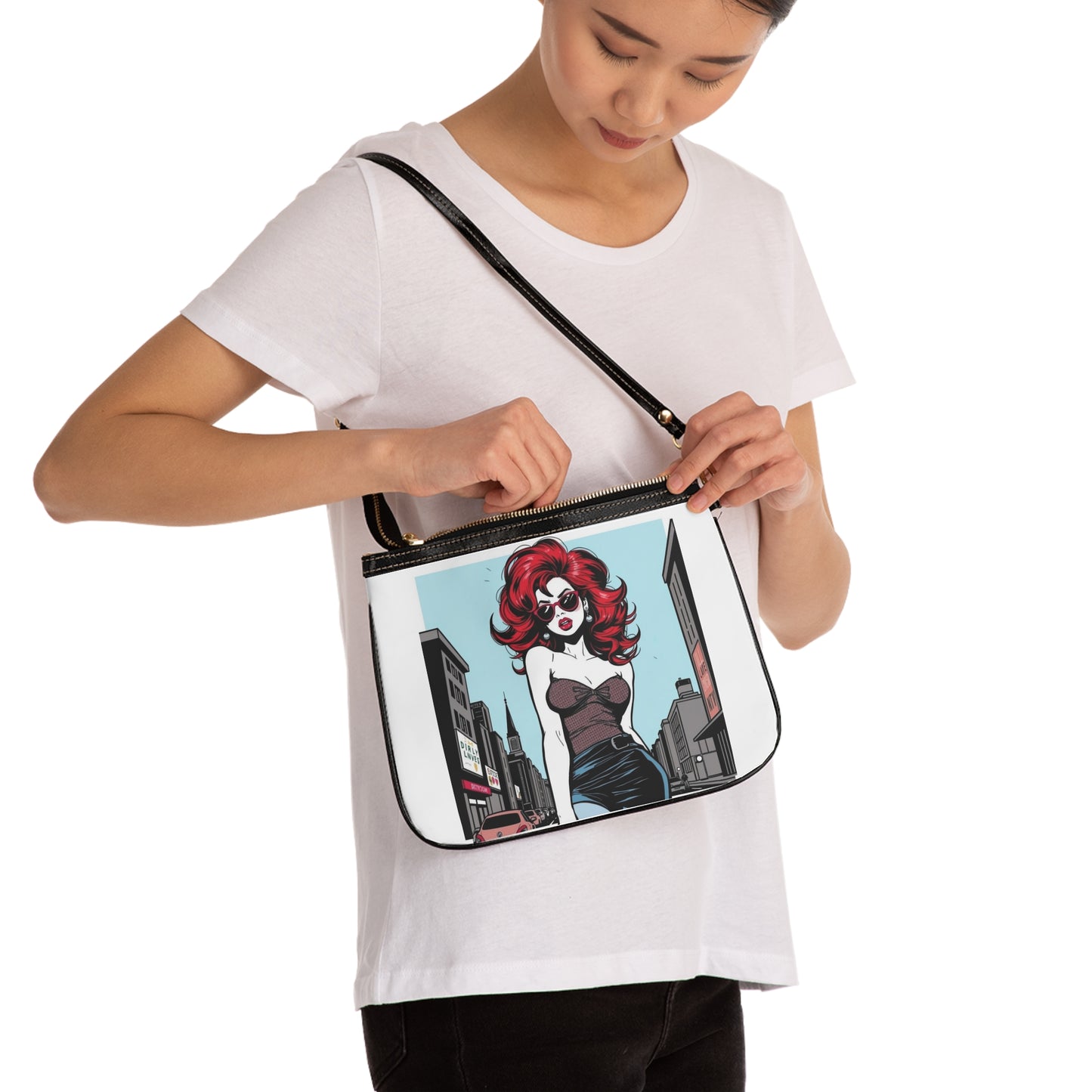Retro Glam Small Shoulder Bag - Stylish Handbag with Chic Illustration