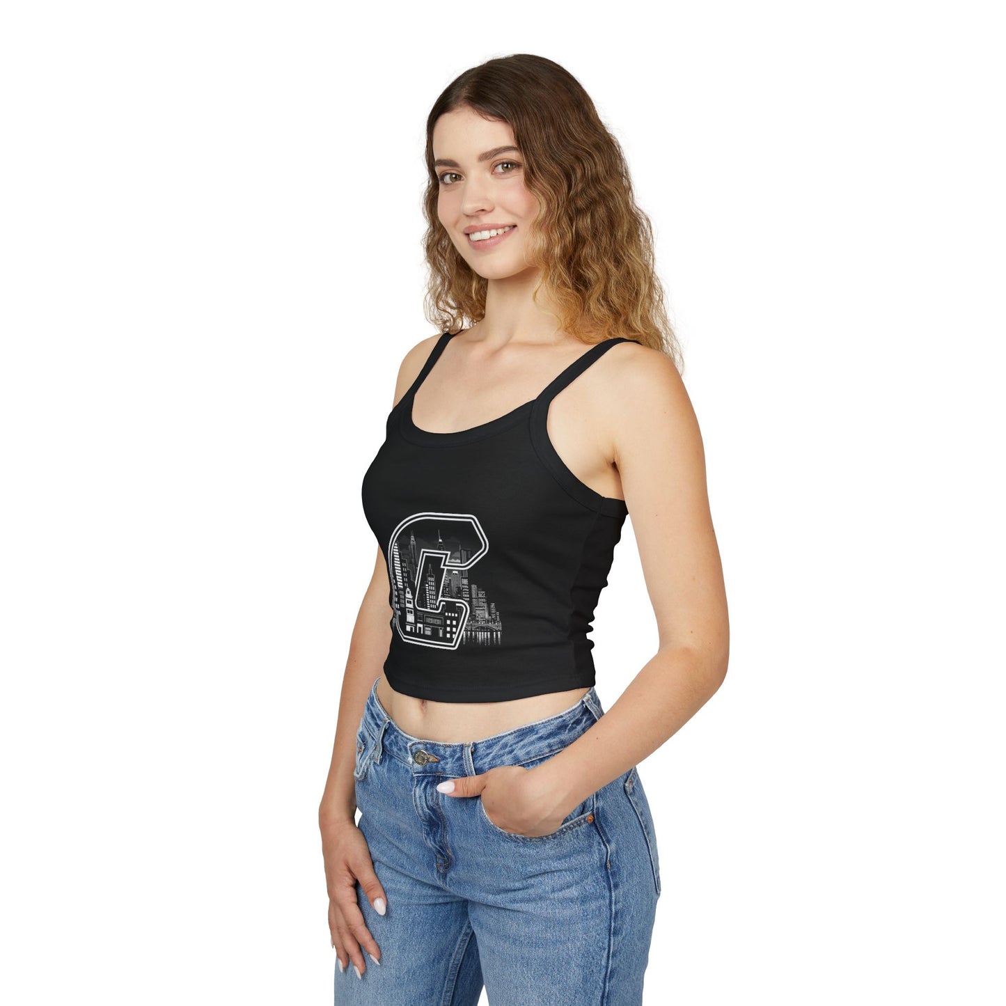 City C Cityscape Crop Top — Women's Spaghetti Strap Tank with Urban Skyline Graphic