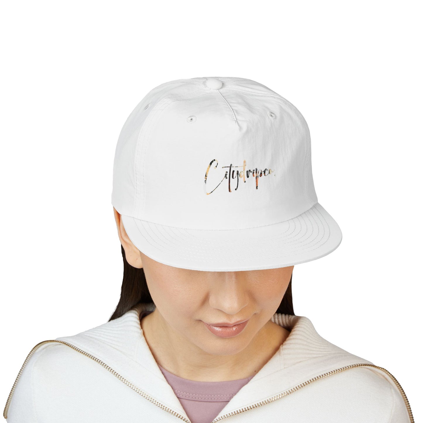 Citydripco. White Urban Cityscape Stylish Surf Cap for Beach Lovers, Summer Accessory, Casual Headwear, Trendy Sun Protection, Perfect Gift for Surfers