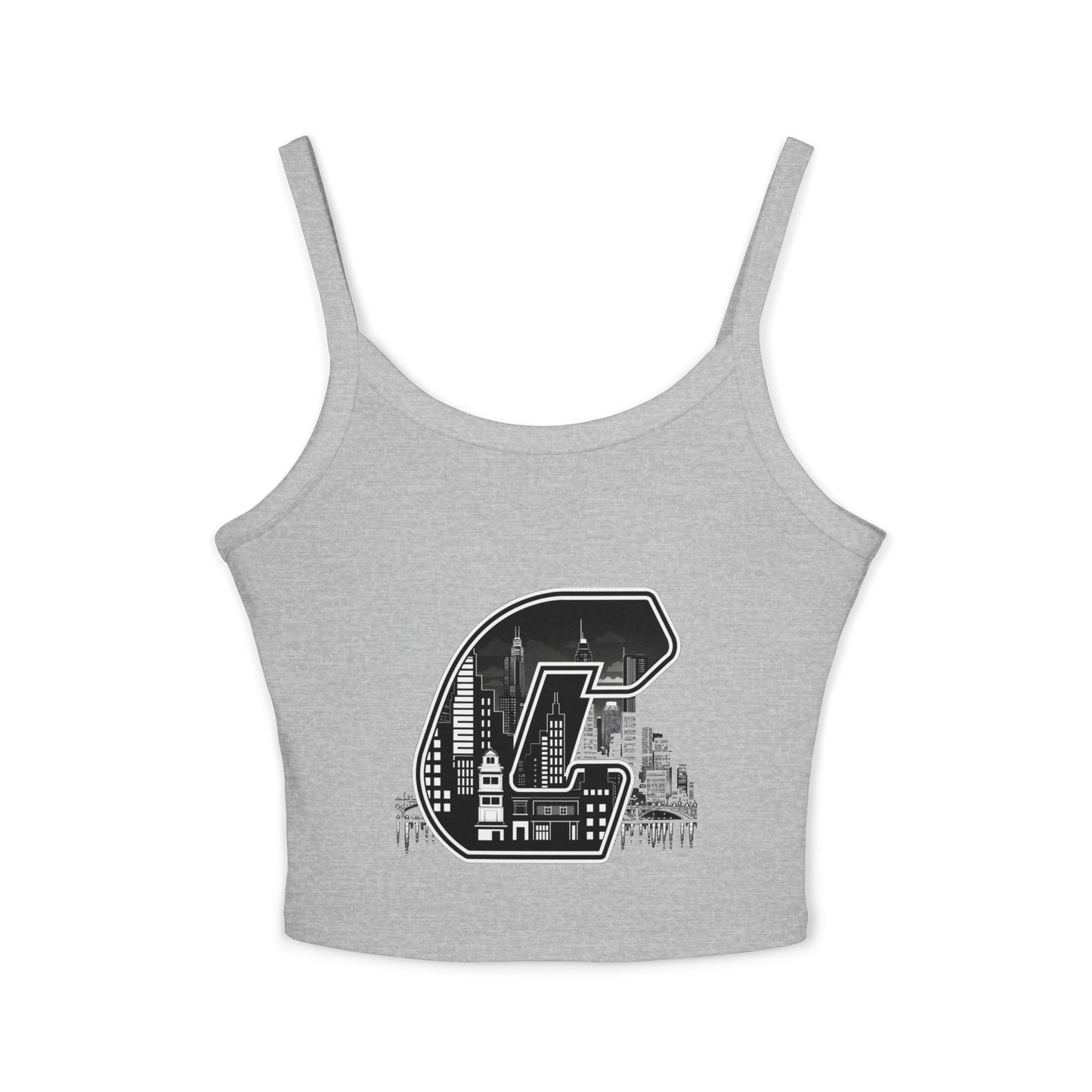 City C Cityscape Crop Top — Women's Spaghetti Strap Tank with Urban Skyline Graphic