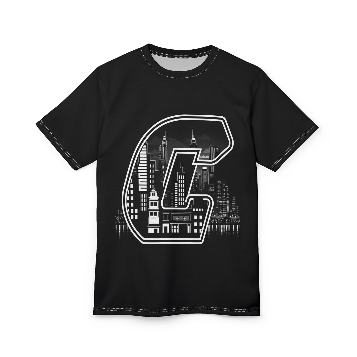City Skyline 'C' Letter Tee — Urban Monogram Graphic T-Shirt